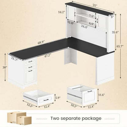 Farmhouse L Shaped Desk with Hutch and 3 Drawers, 68.9" Executive Office Desk with File Drawer and Power Outlet, Corner Computer Desk with Storage Shelves for Home Office, White