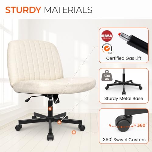 Criss Cross Chair, Wide Fabric Vanity Desk Seat, Beige Wheel, view 8