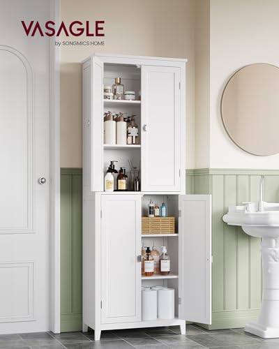 VASAGLE Floor Storage Cabinet, Freestanding Storage Unit with 4 Doors, Adjustable Shelves, 11.8 x 23.6 x 66.9 Inches, for Entryway, Bathroom, Cloud White UBBC550W01