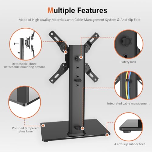 Universal Swivel TV Stand/Base Table Top TV Stand for 13 to 39 inch TVs with 100 Degree Swivel, 4 Level Height Adjustable, Heavy Duty Tempered Glass Base, Holds up to 88lbs, HT07B-002