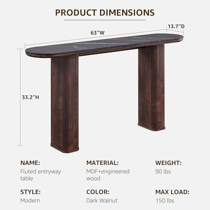 63 Inch Modern Console Table with Arc Faux Marble Texture Top, Fluted Wood Base, Contemporary Entryway Sofa Table for Living Room, Hallway, Foyer, Dark Walnut
