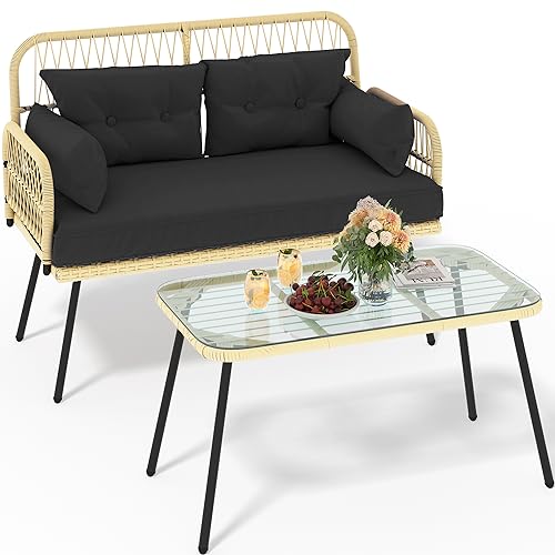 2-Piece Patio Furniture Wicker Outdoor Loveseat, All-Weather Rattan Conversation for Backyard, Balcony and Deck with Soft Cushions and SideTable (Light Brown+Black)
