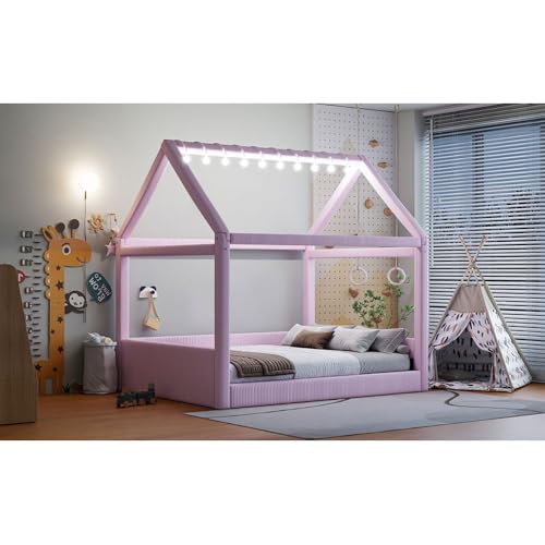 Full Size Upholstered House Daybed with LED Light Strips,Pink