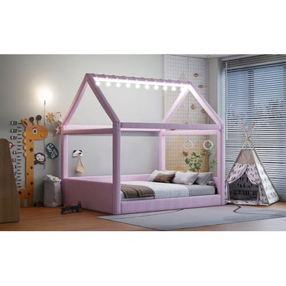 Full Size Upholstered House Daybed with LED Light Strips,Pink
