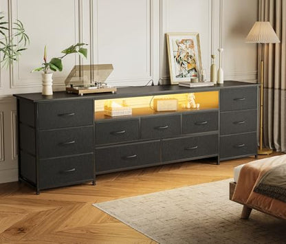 70 Inch TV Stand for 75, 80 Inch TV, 11 Drawer Long Dresser with Power Outlets and LED Lights, Entertainment Center with Storage, Black Dresser with PU Leather Surface