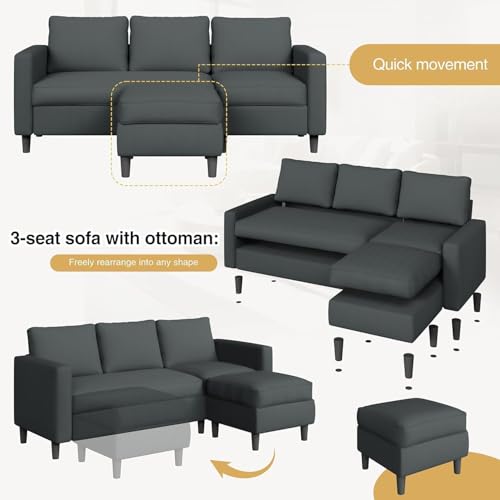 3-Seat Reversible Sectional Sofa with Convertible Ottoman, Modern Ribbed Fabric L-Shaped Couch for Living Room, Small Apartment & Office, Easy Tool-Free Assembly, Grey