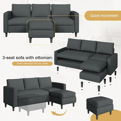 3-Seat Reversible Sectional Sofa with Convertible Ottoman, Modern Ribbed Fabric L-Shaped Couch for Living Room, Small Apartment & Office, Easy Tool-Free Assembly, Grey