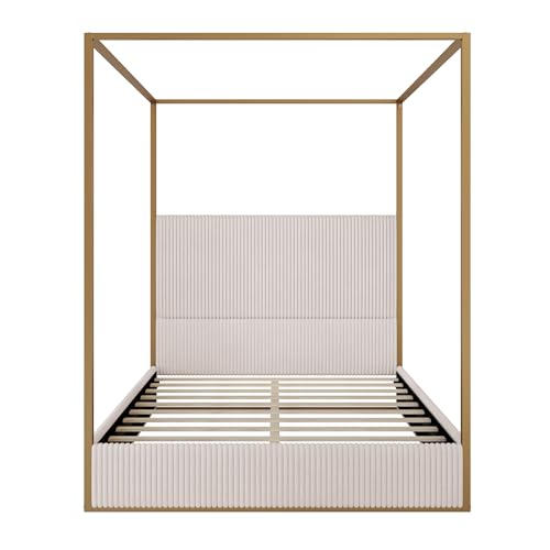 Luxury Queen Metal Canopy Bed with Tall Upholstered Headboard, Beige, view 5