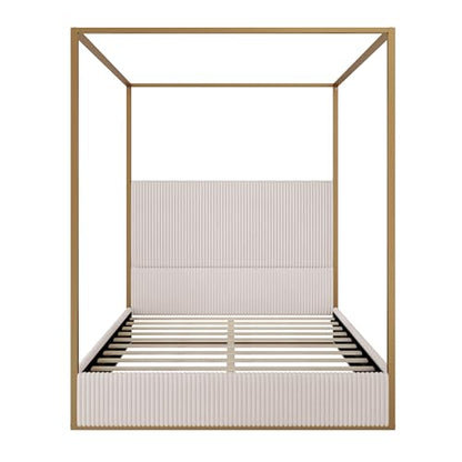 Luxury Queen Metal Canopy Bed with Tall Upholstered Headboard, Beige, view 5