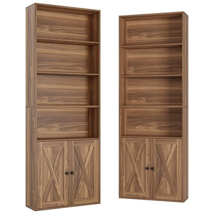 Industrial Bookshelves and Bookcases with Doors Set of Two Floor Standing 6 Shelf Display Storage Shelves 70 in Tall Bookcase for Home Office, Living Room