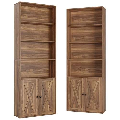 Industrial Bookshelves and Bookcases with Doors Set of Two Floor Standing 6 Shelf Display Storage Shelves 70 in Tall Bookcase for Home Office, Living Room
