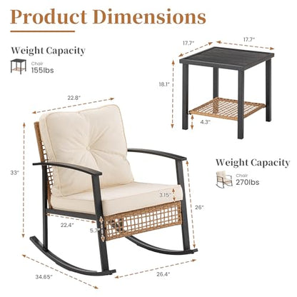 3-Piece Outdoor Rocking Chairs Bistro Set, Rattan Patio Furniture with Thick Warm Beige Cushions & 2-Tier Storage Coffee Table for Garden, Porch, Balcony,Backyard