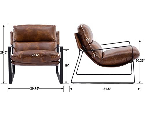 Mid-Century Accent Chair Armchair, Comfy PU Leather Leisure Chair Lazy Chair with Metal Leg for Living Room Bedroom Office Apartment, Brown