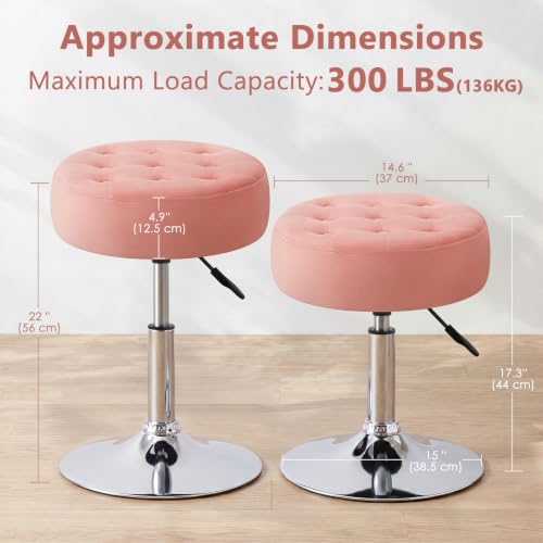 Mid-Century Velvet Tufted Makeup Ottoman Stool, 360° Swivel Adjustable Vanity Stool Modern Big Size Vanity Chair Stools for Living Room Bedroom Bathroom, Pink