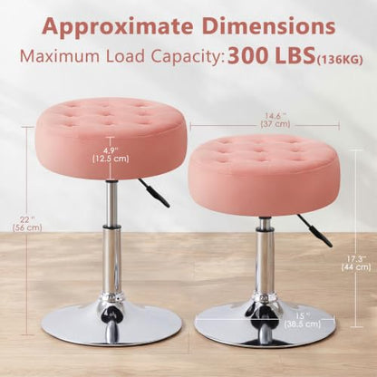 Mid-Century Velvet Tufted Makeup Ottoman Stool, 360° Swivel Adjustable Vanity Stool Modern Big Size Vanity Chair Stools for Living Room Bedroom Bathroom, Pink