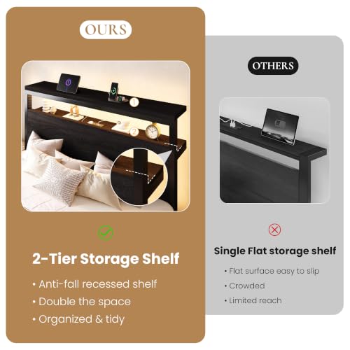 Queen Bed Frame, 2-Tier Storage Headboard, LED, Charging Station, view 6