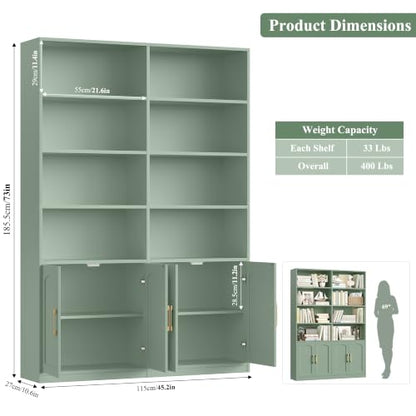 Bookshelf and Bookcase with Doors, 6 Tier Double Wide Large Bookshelves, Open Display Shelves, 73'' Tall Bookshelf with Storage Cabinets for Home Office, Living Room, Library, Green
