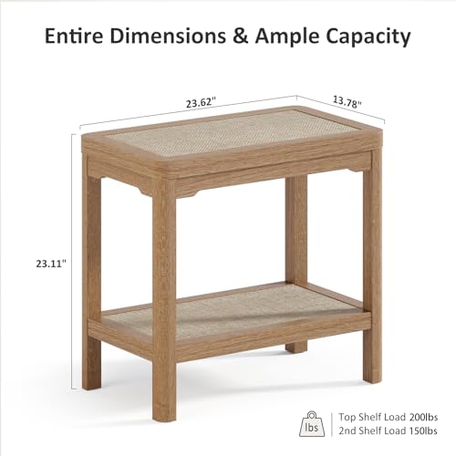 Rattan Night Stand - Farmhouse 2 Tier End Table for Bedroom - Accent Side Table wtih Open Storage Shelves for Small Space Narrow Coffee Table Bamboo (2, Natural Oak)