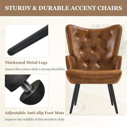 Accent Chairs Set of 2, Brown PU Leather Reading Armchair with High Backrest, Wingback Corner Chair Mid Century Modern for Living Room, Bedroom, Waiting Room