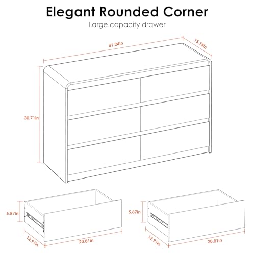 6 Drawer Dresser, 47" Wide Walnut Dresser Wooden Dresser for Bedroom, view 4