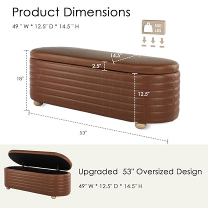 53" Storage Bench PU Leather Ottoman Bench Upholstered Bench End of Bed Stool with Safety Hinge for Bedroom, Living Room, Entryway, Brown