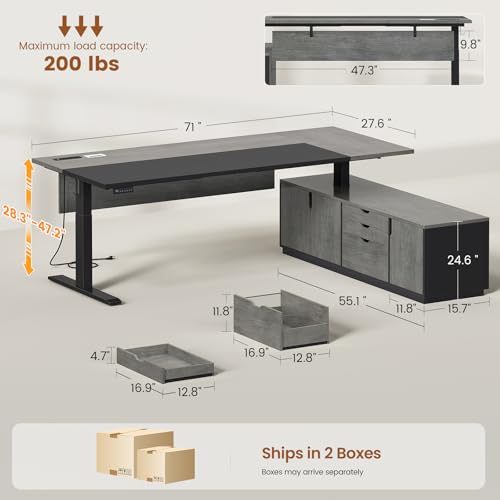 71" Executive Large L Shaped Electric Standing Desk, Grey, view 3