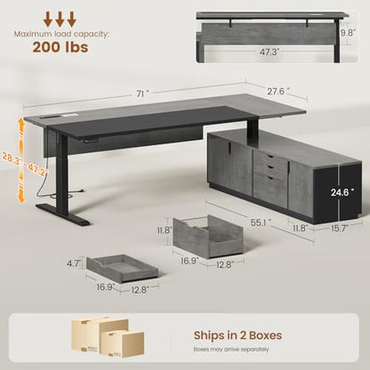 71" Executive Large L Shaped Electric Standing Desk, Grey, view 3