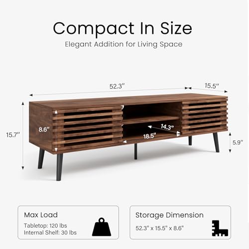 52" Mid Century Modern TV Stand for 50-60 inch TV - Walnut Brown | Farmhouse TV Console with Slatted Sliding Doors, Small Entertainment Center with Spacious Storage for Living Room, Apartment