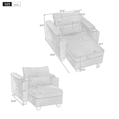 Modern 37.4" Chaise Lounge with Charge Statio, Phone & Cup Holders, view 3