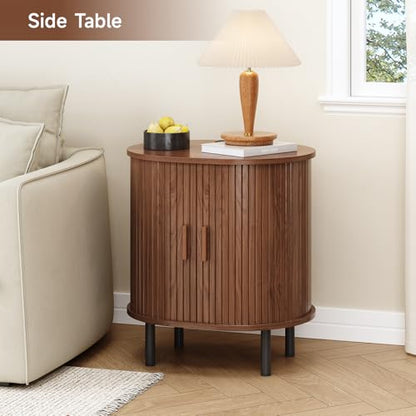 Oval End Table with Storage & Charging Station, Fluted Accent Side Table with Sliding Door & Adjustable Shelf, Mid-Century Modern Nightstand Set of 2 for Living Room, Bedroom, Walnut(2-Pack)