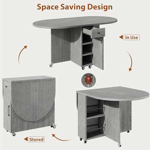 Round Folding Dining Table for 4, Space Saving Drop Leaf Kitchen Table with Storage Drawer, 6 Wheels Oval Gateleg Foldable Dining Table for Small Spaces(Grey 47 * 23.6 * 30)