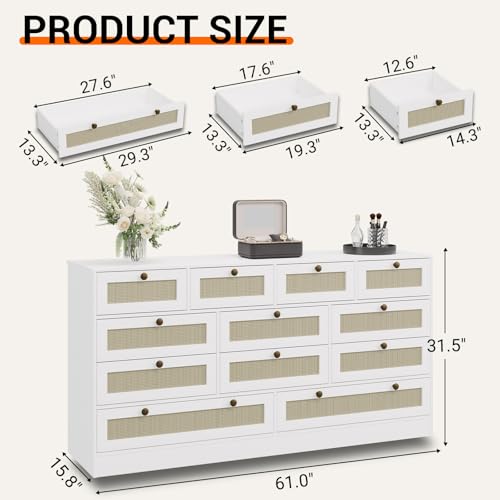 12 Drawer Wooden Dresser for Bedroom, Rattan Chest of Drawers for Closet, Living Room, Hallway, 61 Inch Wood Wide TV Stand Dressers for 65 Inch TV, Modern Dresser for Adult Room