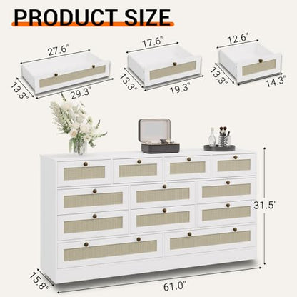 12 Drawer Wooden Dresser for Bedroom, Rattan Chest of Drawers for Closet, Living Room, Hallway, 61 Inch Wood Wide TV Stand Dressers for 65 Inch TV, Modern Dresser for Adult Room