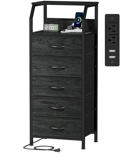 5 Drawers Dresser with Charging Station, Fabric Chest of Drawers with Open Shelf, Tall Night Stand, Bedside Table for Closet, Entryway, Bedroom Furniture, 3 Ways to Use, Black Oak