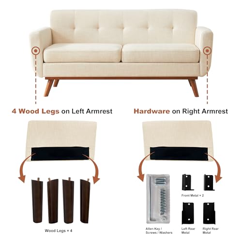 65.2" W Loveseat Sofa, Mid Century Modern Decor Love Seat Couches for Living Room, Button Tufted Upholstered Furniture, Easy to Install Small Couch for Bedroom Office Apartment, Cream White