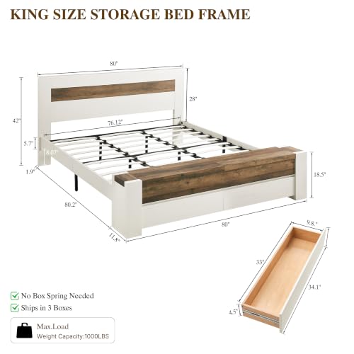 King Bed Frame with Headboard and Footboard Storage Bench,Antique White, view 3