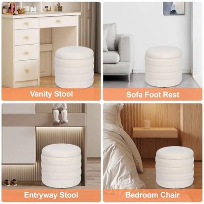 Teddy Sherpa Round Ottoman with Storage, Modern Upholstered Vanity Stool Foot Rest, Small White Boucle Storage Ottoman for Bedroom, Living Room, Entryway, Dorm