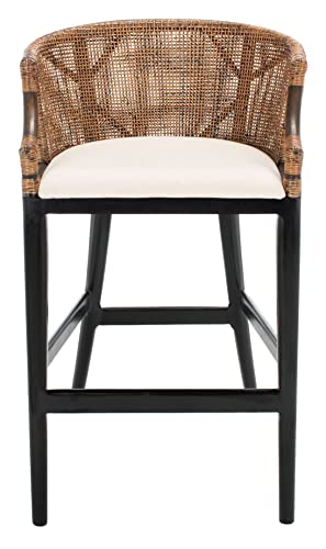 SAFAVIEH Furniture - Brando Rattan Bar Stool - Brown & Black - Solid Wood - Coastal Rattan-Back Design - Ideal for Kitchen, Bar Area, Dining Room (SEA4014D)