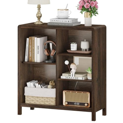 5 Cube Bookshelf, Wood Bookcase with 3 Adjustable Shelves, Farmhouse Cube Storage Organizer Shelf for Small Space Bedroom Living Room (Dark Walnut)
