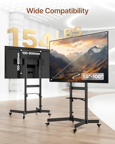 Heavy-Duty Rolling TV Stand for 55–100" Screens — Supports 165 lbs, Stable Mobile TV Cart with Shelf & Locking Wheels, Max VESA 800x600mm, Black