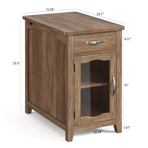 End Table with Charging Station, Narrow Side Table for Living Room, Farmhouse Night Stand with Drawer and Storage Cabinet, Wooden Bedside Table for Small Spaces Living Room, Glass Door (Brown)
