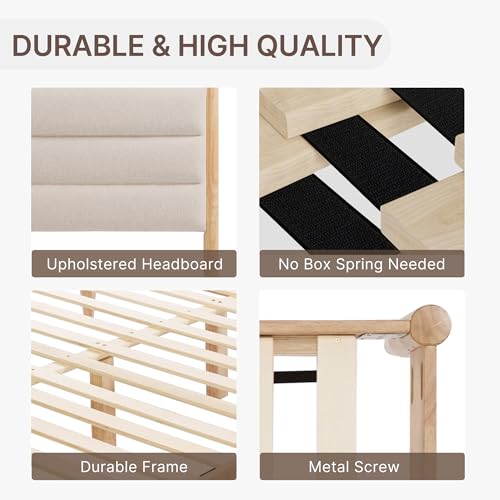 Wood Bed Frame with Upholstered Headboard, Oat, Queen, view 5