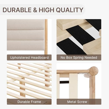 Wood Bed Frame with Upholstered Headboard, Oat, Queen, view 5