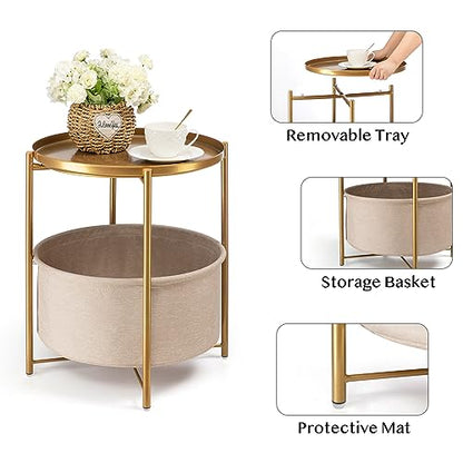 Gold Side Table with Basket, Small Round Table for Living Room | Metal Modern Nightstand for Small Space, Bedroom, Nursery, Accent Metal Stand with Removable Serving Tray, 20.47 in Tall