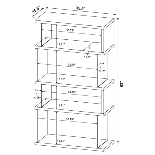 4-Shelf Contemporary Wood Bookcase, Black Finish, Glass Side Panels, Zigzag Design, 63 in H x 35.5 in W x 15.5 in D, Modern Storage for Home Office or Living Room