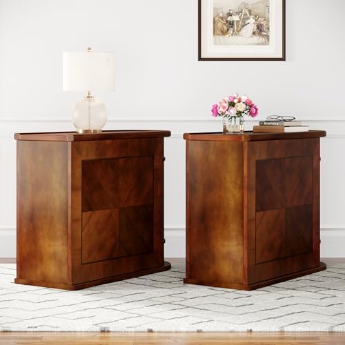 Wood End Table with 2 Drawers, No Assembly Required Narrow Sofa Side Table for Living Room, Vintage Slim Nightstand Bedside Table for Bedroom (2 Drawers, Brown, 2 Pcs)