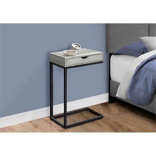 C-Shaped Accent Table with Drawer, Gray Reclaimed Look, 24.5" H x 15.75" W, Driftwood Finish, Sturdy Metal Base, Versatile Furniture for Living Room or Bedroom Use