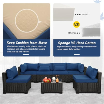 7 Pieces Outdoor PE Wicker Furniture Set Patio Rattan Sectional Conversation Sofa Set with Navy Blue Cushions and Glass Top Table