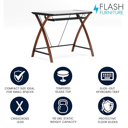 Jude Tempered Glass Computer Desk with Pull-Out Keyboard Tray and Crisscross Frame, Small Computer Desk for Home Office, Cherry/Clear