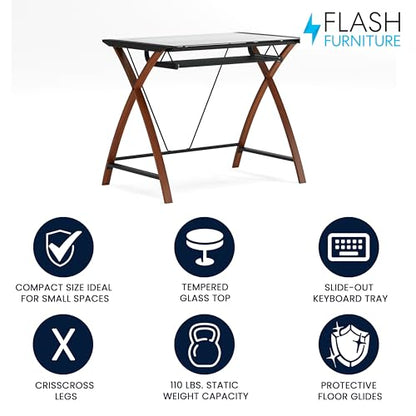 Jude Tempered Glass Computer Desk with Pull-Out Keyboard Tray and Crisscross Frame, Small Computer Desk for Home Office, Cherry/Clear